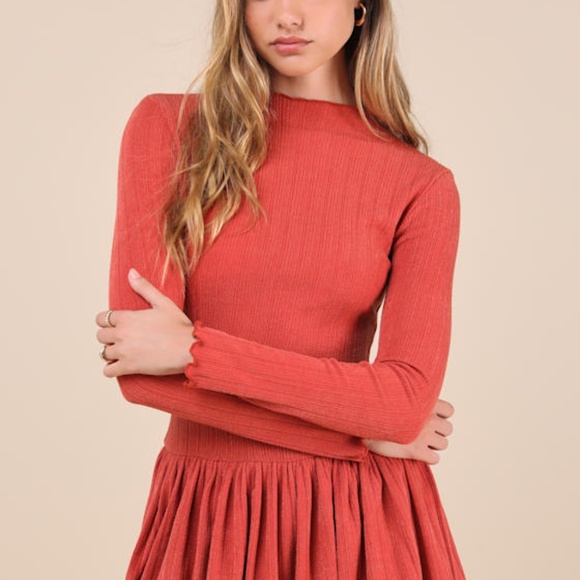 Lulus Approachably Adorable Rust Red Ribbed Bubble-hem Mini Dress - Size M - Picture 1 of 1